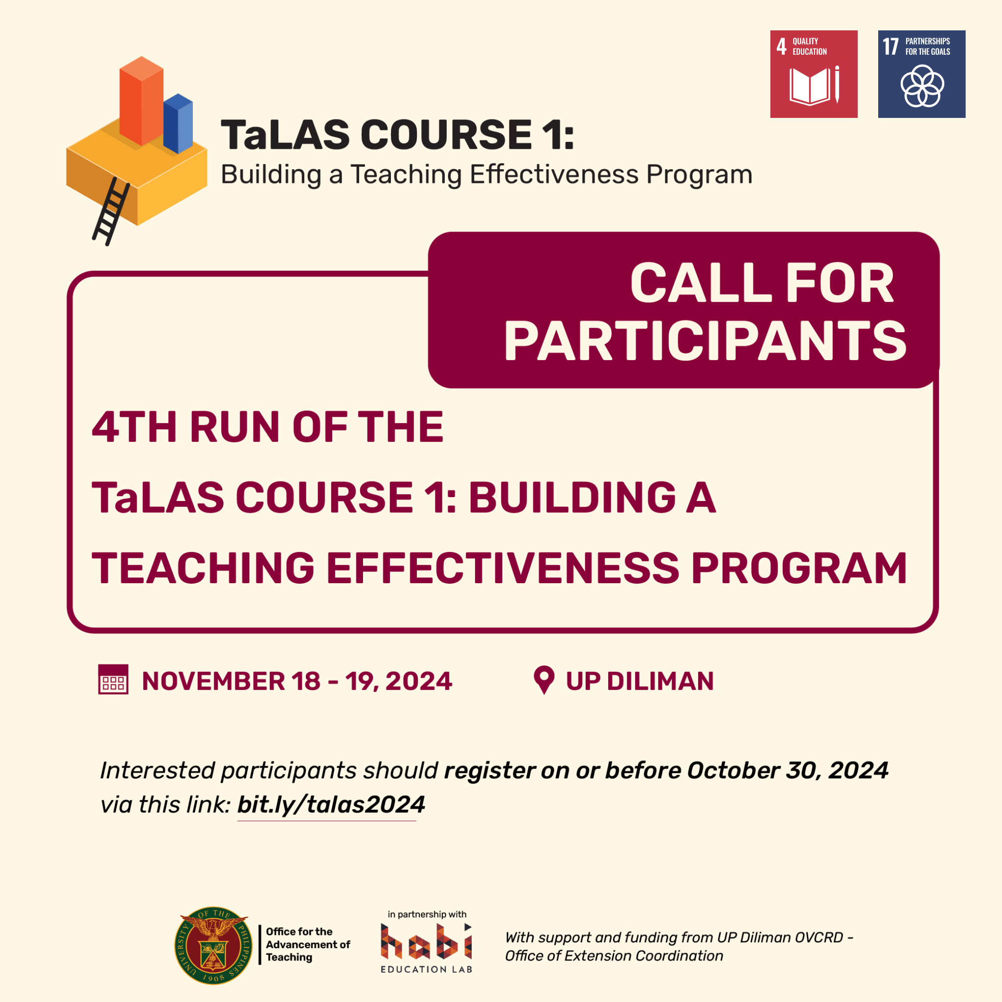Call for Participants for the 4th Run of the TaLAS Course 1: Building a Teaching Effectiveness Program